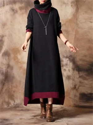 Autumn And Winter Casual High-Neck Contrast Sweater Dress