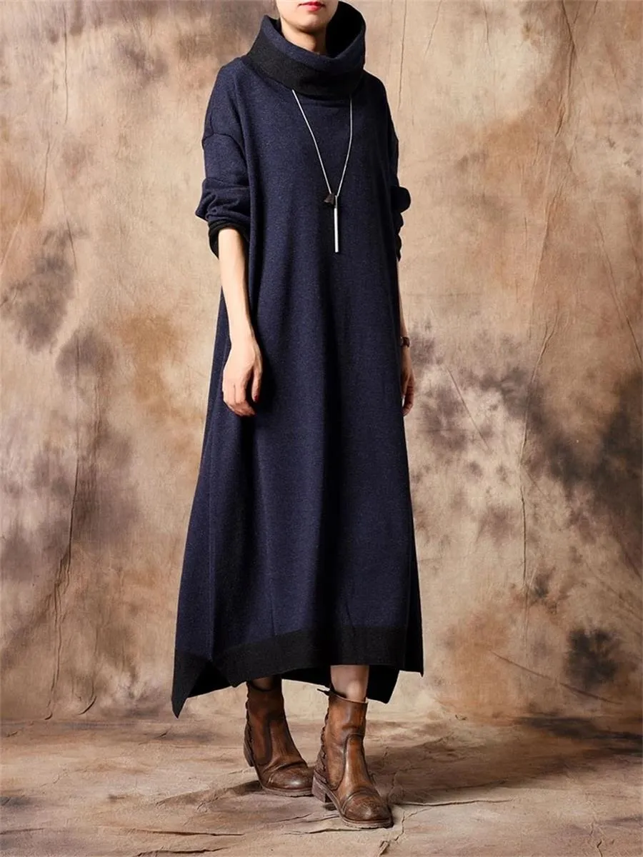 Autumn And Winter Casual High-Neck Contrast Sweater Dress