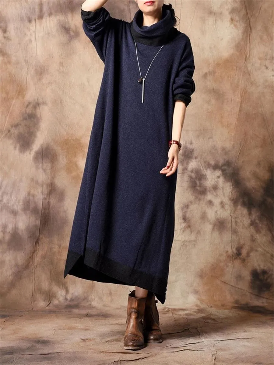 Autumn And Winter Casual High-Neck Contrast Sweater Dress