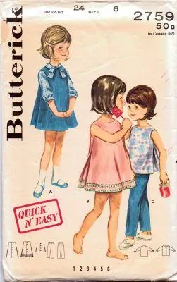 Butterick 2759 Girls  Beach Jumper Dress Blouse Pants Vintage 1960's Sewing Pattern Quick N Easy