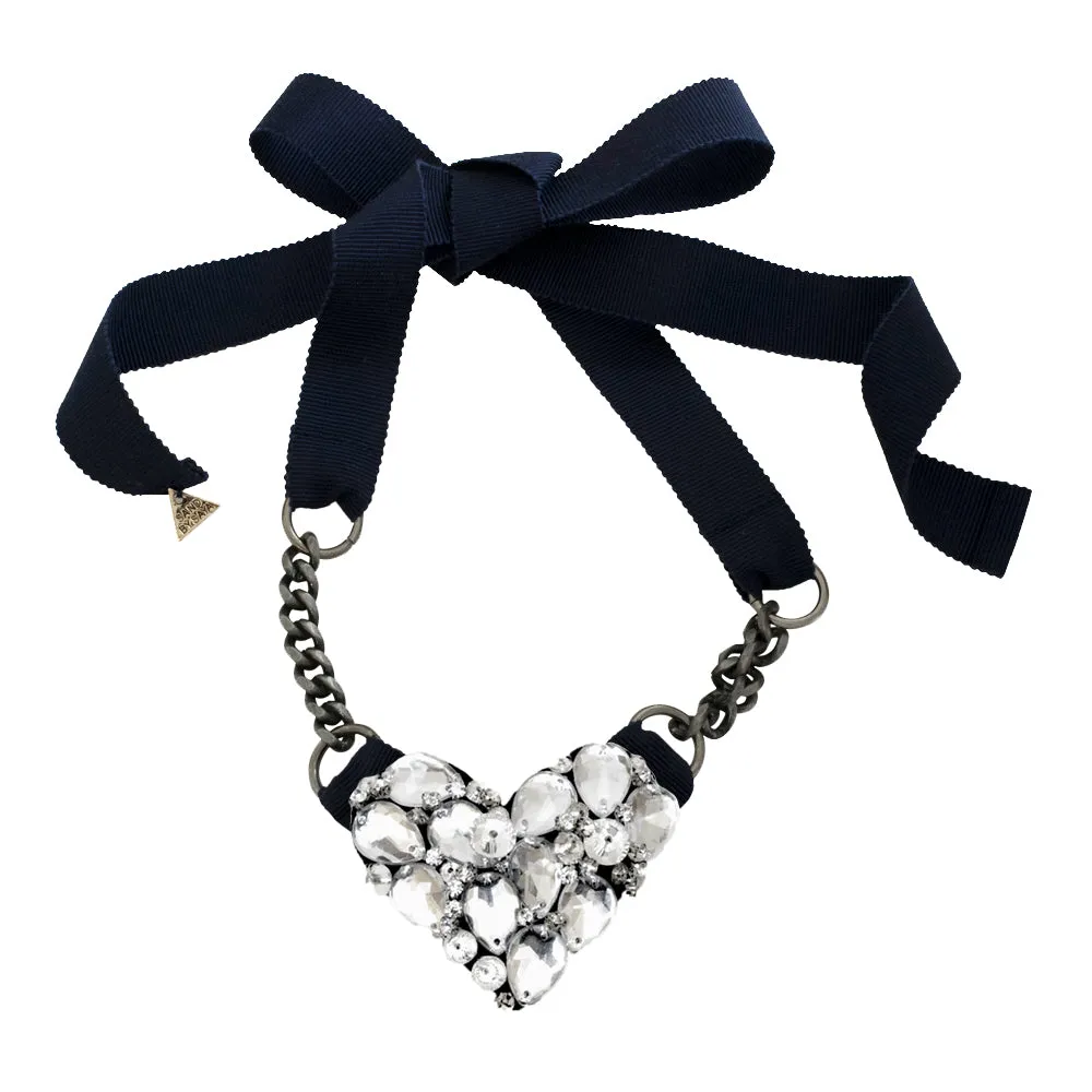 Crystal Heart Ribbon Necklace - Rhinestone Womens Embellished Accessory