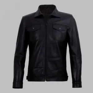 Diran Men's Black Classic Leather Jacket with Elegant Shirt Collar