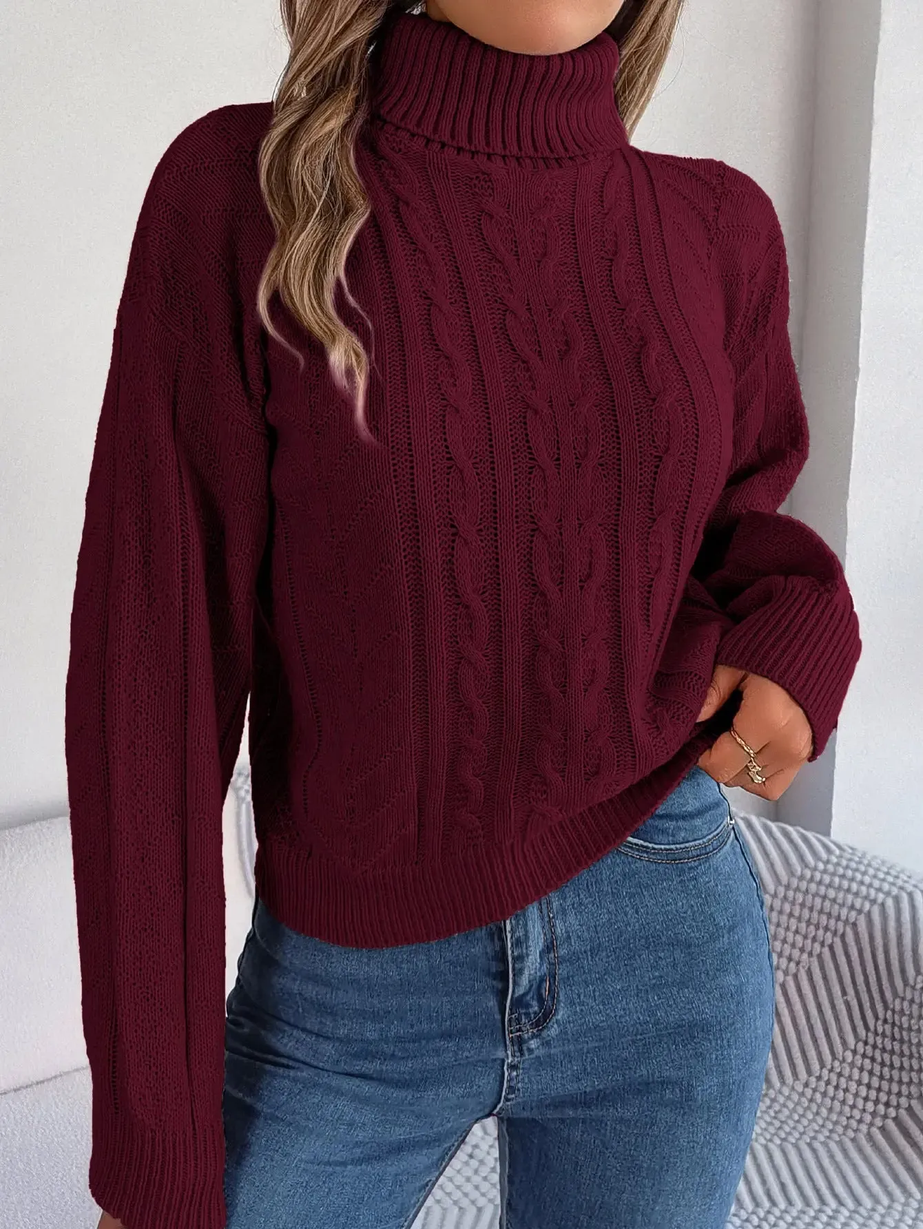 Loose High Collar Twist Long Sleeve Knitted Pullover Sweater