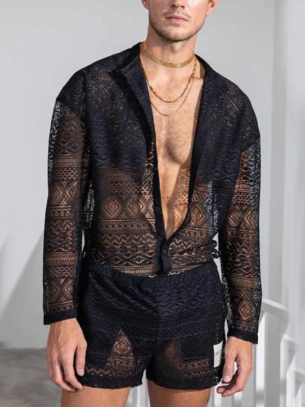 Men's Solid Color Lace Long Sleeve Shirt With Matching Shorts Summer Sportswear