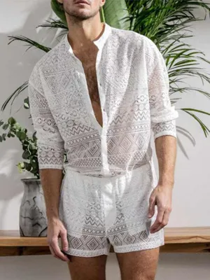 Men's Solid Color Lace Long Sleeve Shirt With Matching Shorts Summer Sportswear