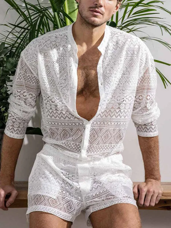 Men's Solid Color Lace Long Sleeve Shirt With Matching Shorts Summer Sportswear