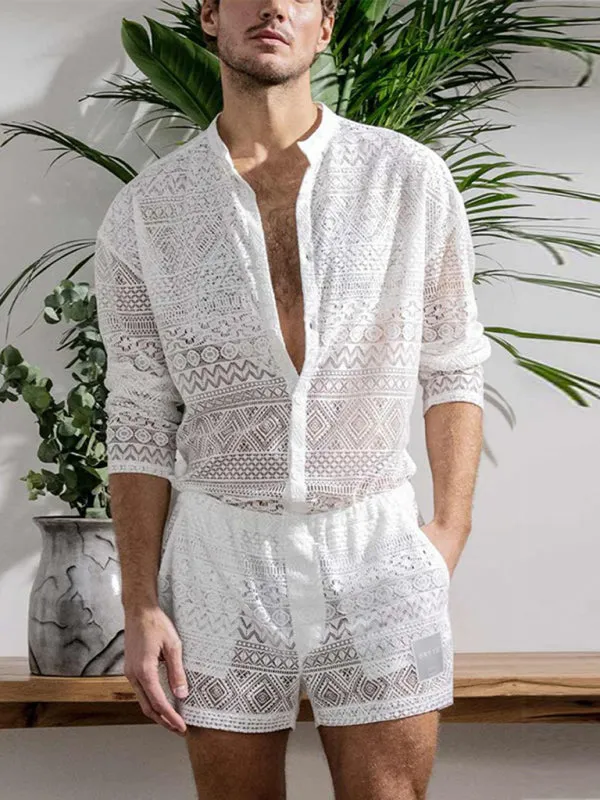 Men's Solid Color Lace Long Sleeve Shirt With Matching Shorts Summer Sportswear