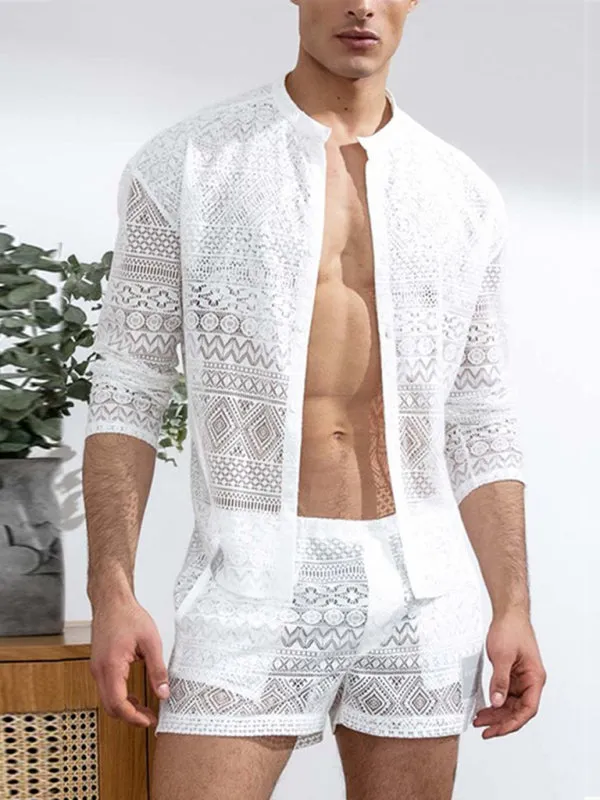 Men's Solid Color Lace Long Sleeve Shirt With Matching Shorts Summer Sportswear