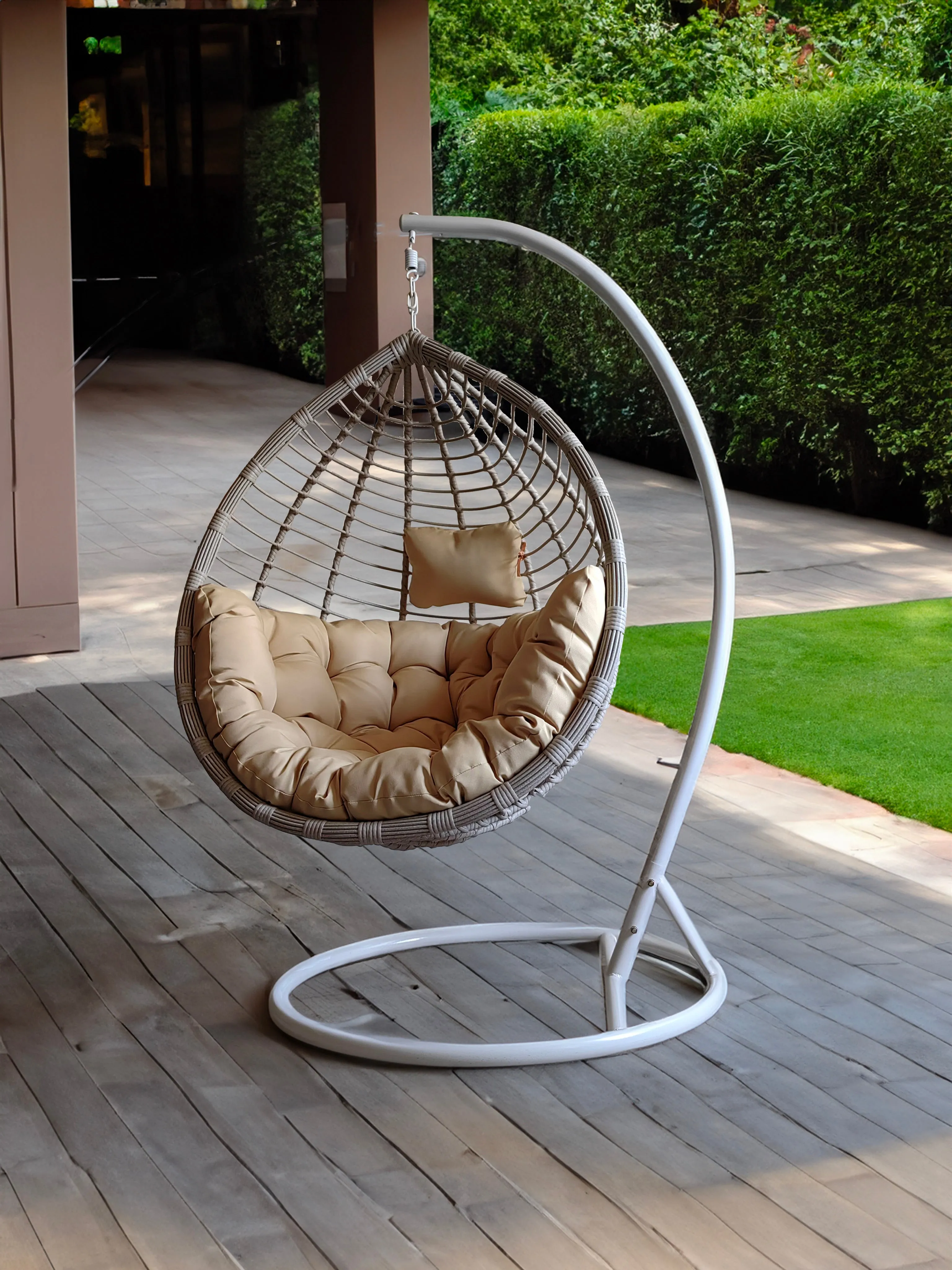 Patio Swing Chair with Stand White & Beige