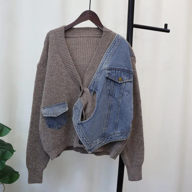 Pre Order:  Casual Patchwork Denim Knitted Cardigan