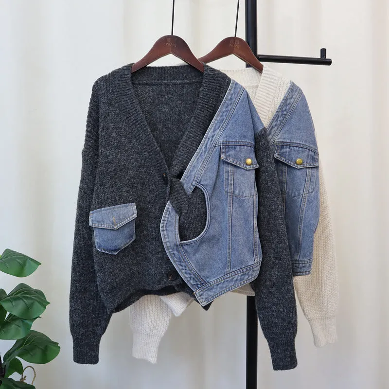 Pre Order:  Casual Patchwork Denim Knitted Cardigan