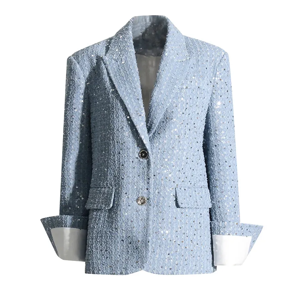 Solid Patchwork Sequins Casual Blazers For Women Notched Collar Long Sleeve Spliced Button Blazer Female Fashion