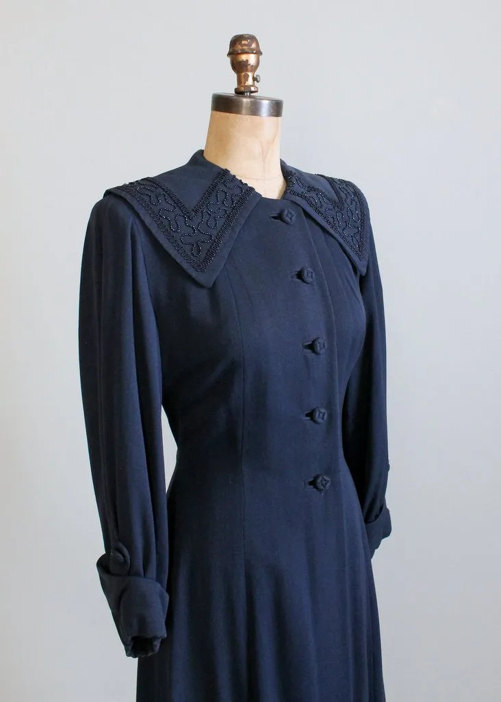 Vintage 1940s Navy Beaded Collar Princess Coat