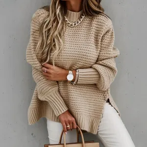 Women's Elegant Long Sleeve High-Low Hem Mock Neck Sweater