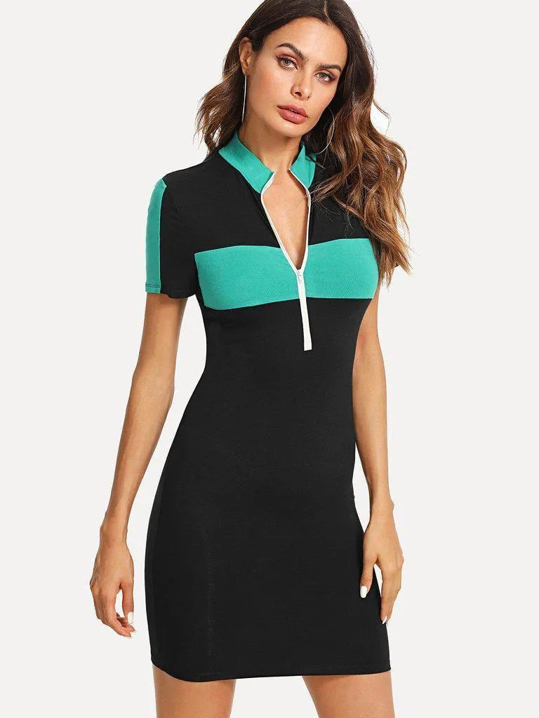 Zip Half Placket Color Block Dress